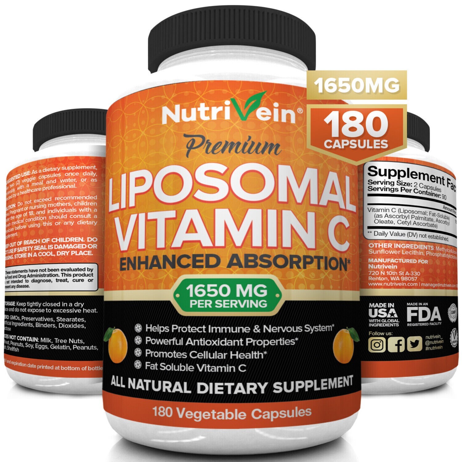 Nutrivein Liposomal Vitamin C 1400mg Capsules – 180 Count