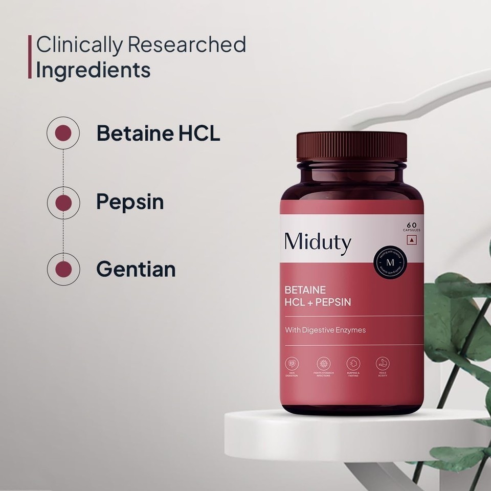 Miduty Betaine HCL+Pepsin for Digestion,Acidity,Indigestion Supplement 60capsuls