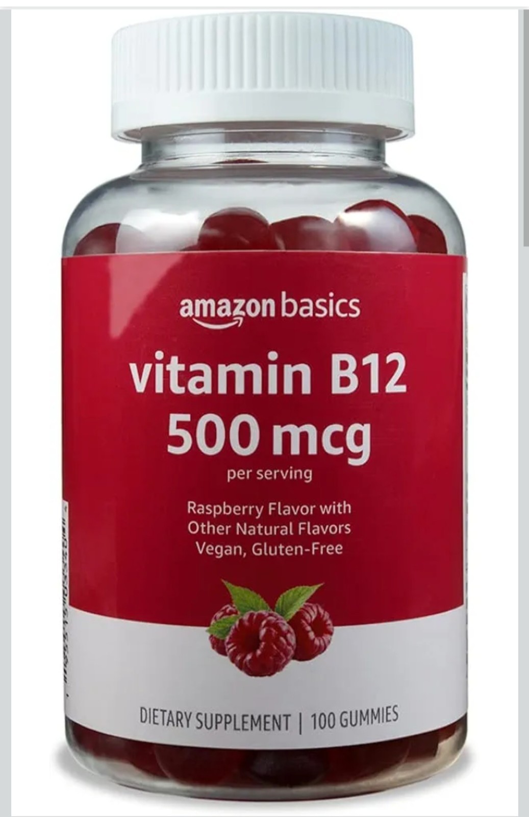 100ct x 2, Vitamin B12 Gummies, 500mcg, Raspberry, Amazon Basics