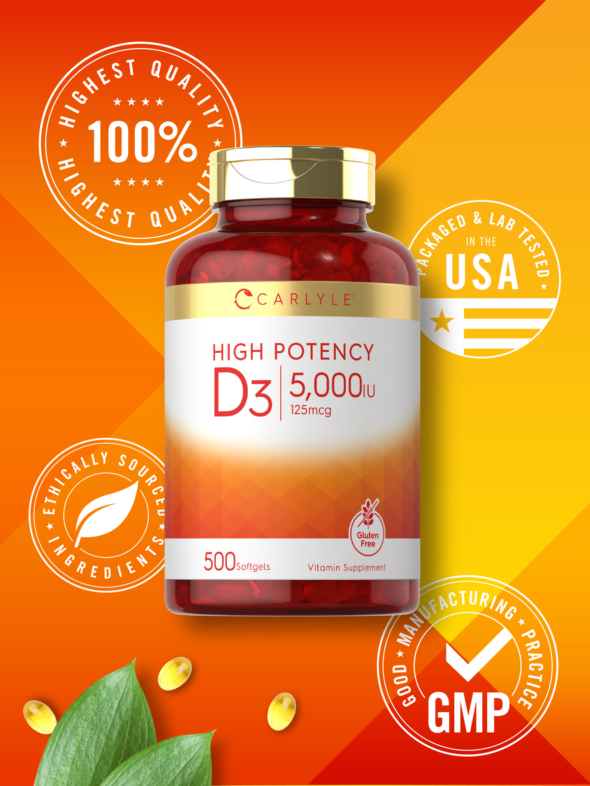 Vitamin D3 5000IU | 500 Softgels | Value Size, Non-GMO, Gluten Free | by Carlyle