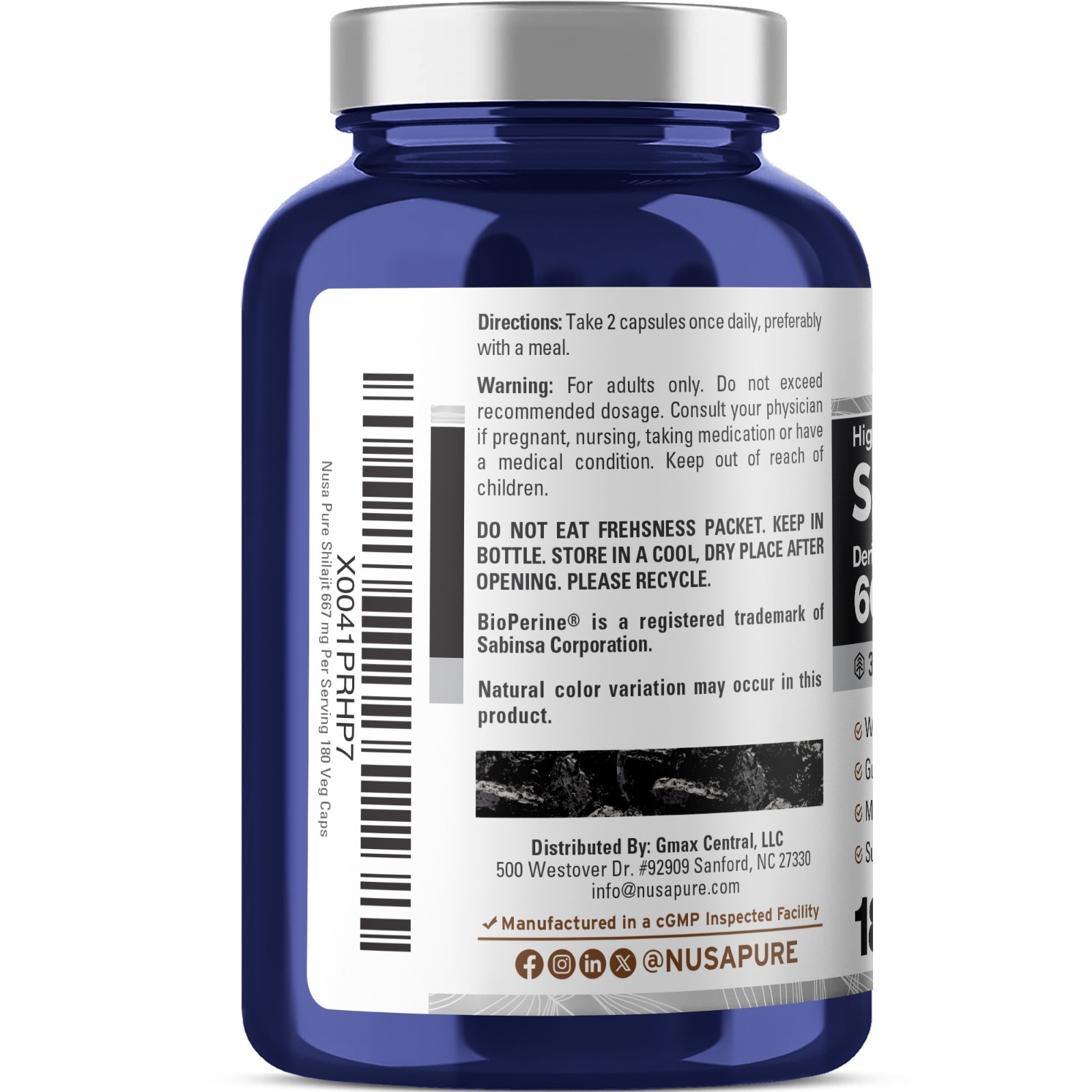 NusaPure Shilajit 20,000mg per Serving | 180 Veggie Caps | Non-GMO, Gluten Free