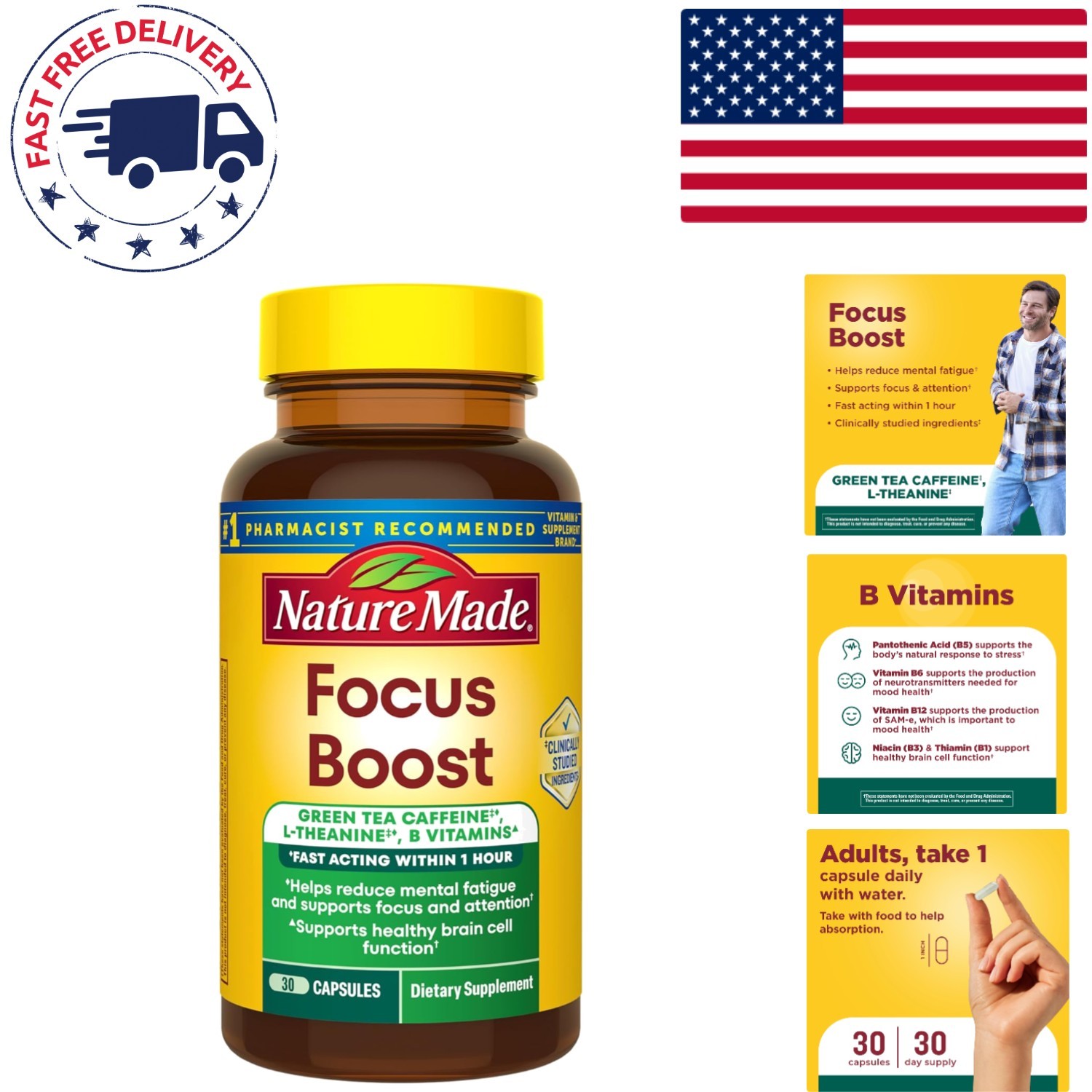 Gluten-Free Focus Boost Capsules with Caffeine & L-Theanine – 30 Count Supply