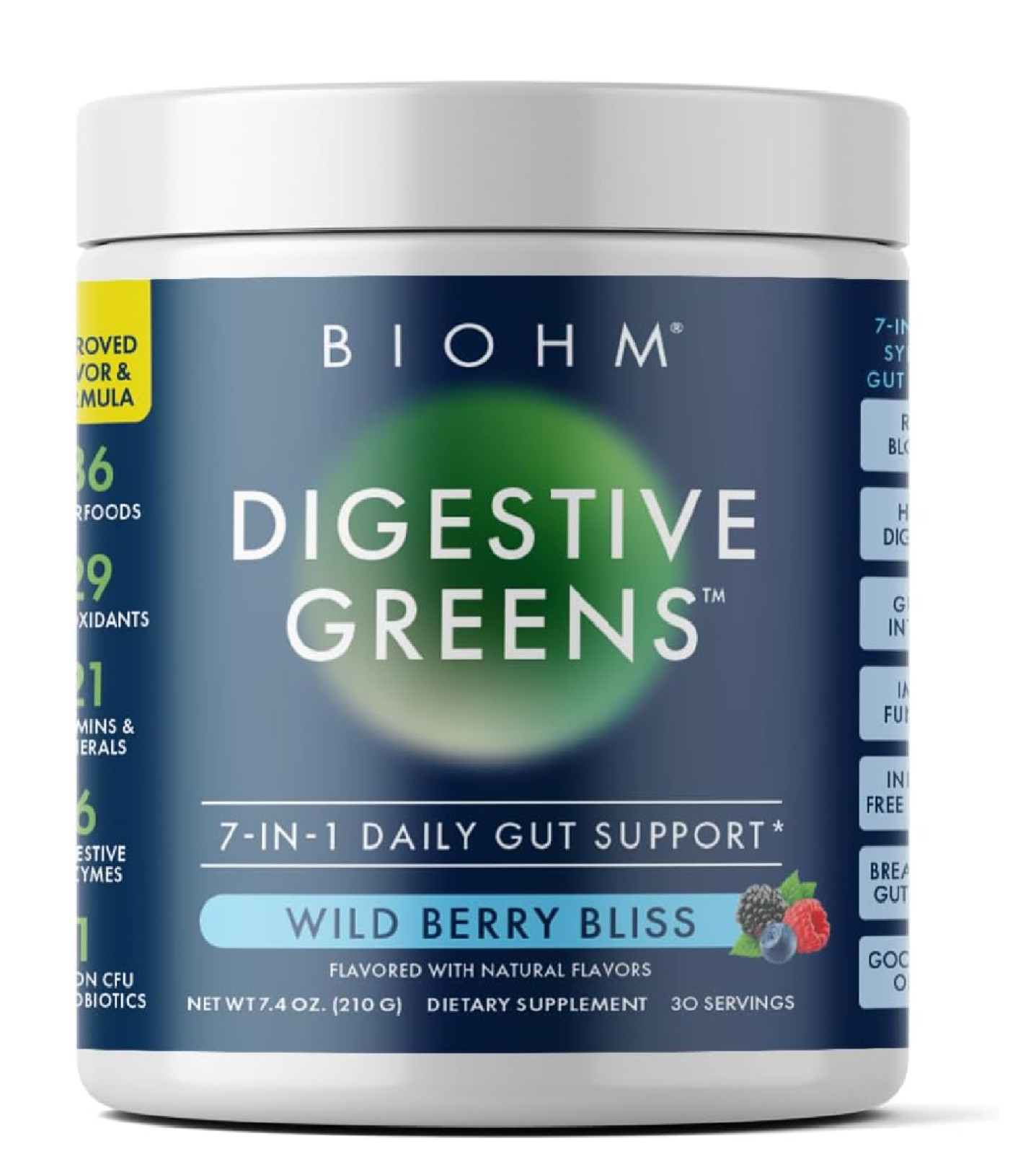 BIOHM Digestive Greens Superfood Powder 7.4oz 30 Servings Gut Immune Fiber