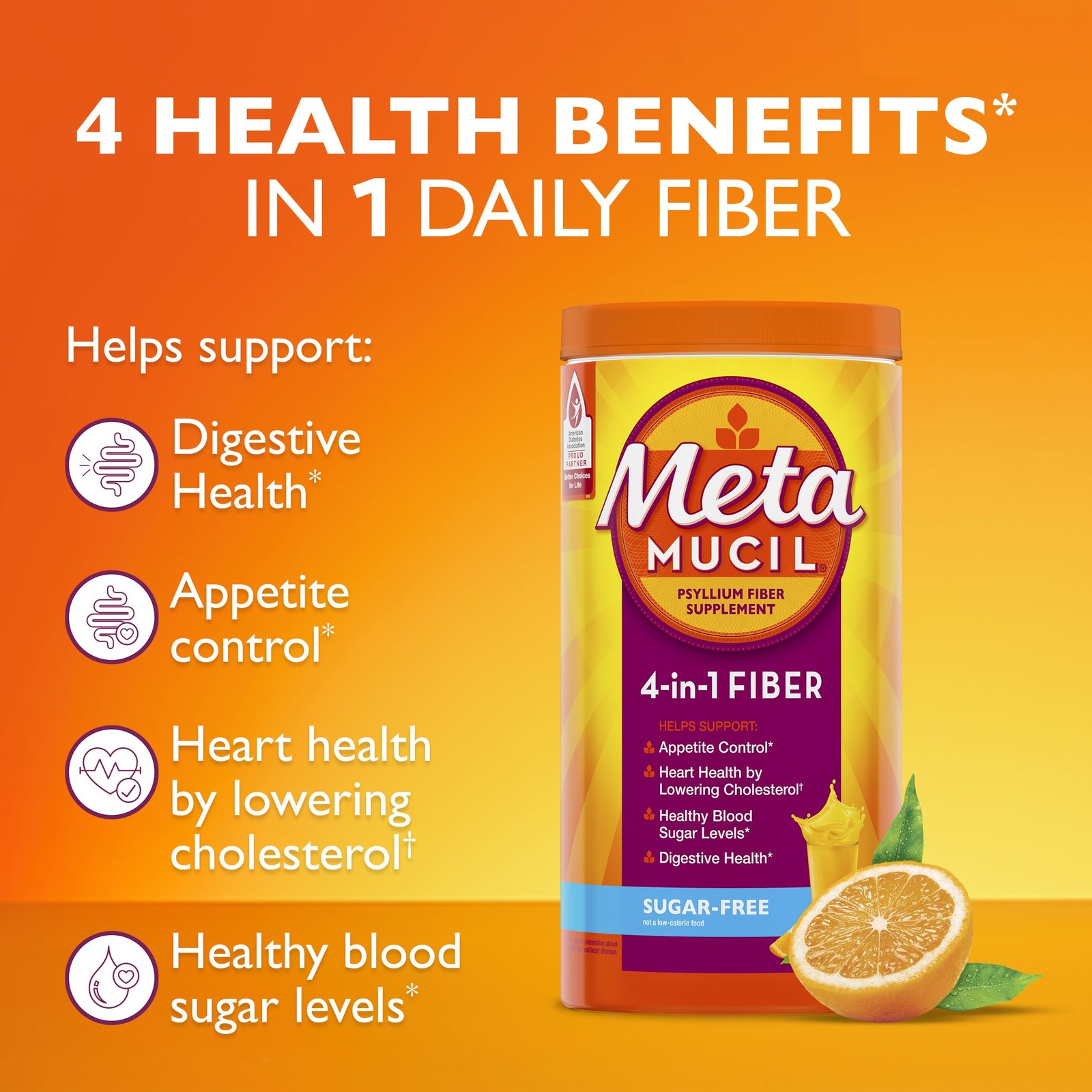 Metamucil 4-in-1 Psyllium Husk Fiber Supplement, Sugar-Free, 114 teaspoons,