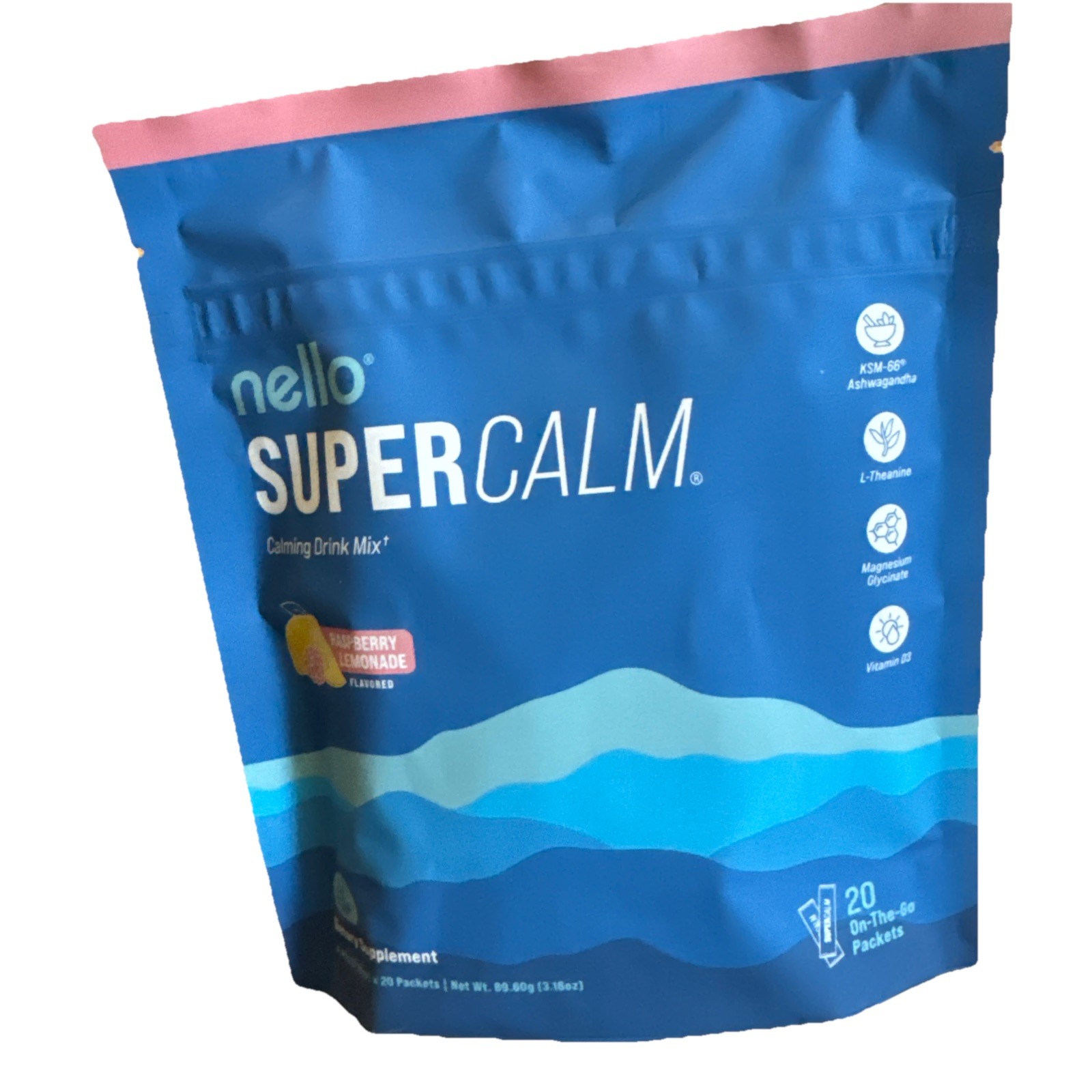 Nello Supercalm Calming Drink Mix Supplement Powder Raspberry Lemonade 20 ct