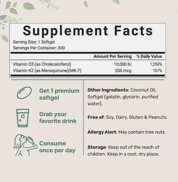 Vitamin D3 10000 iu Plus K2 (MK-7) 200 mcg, 300 Virgin Coconut Oil Softgels