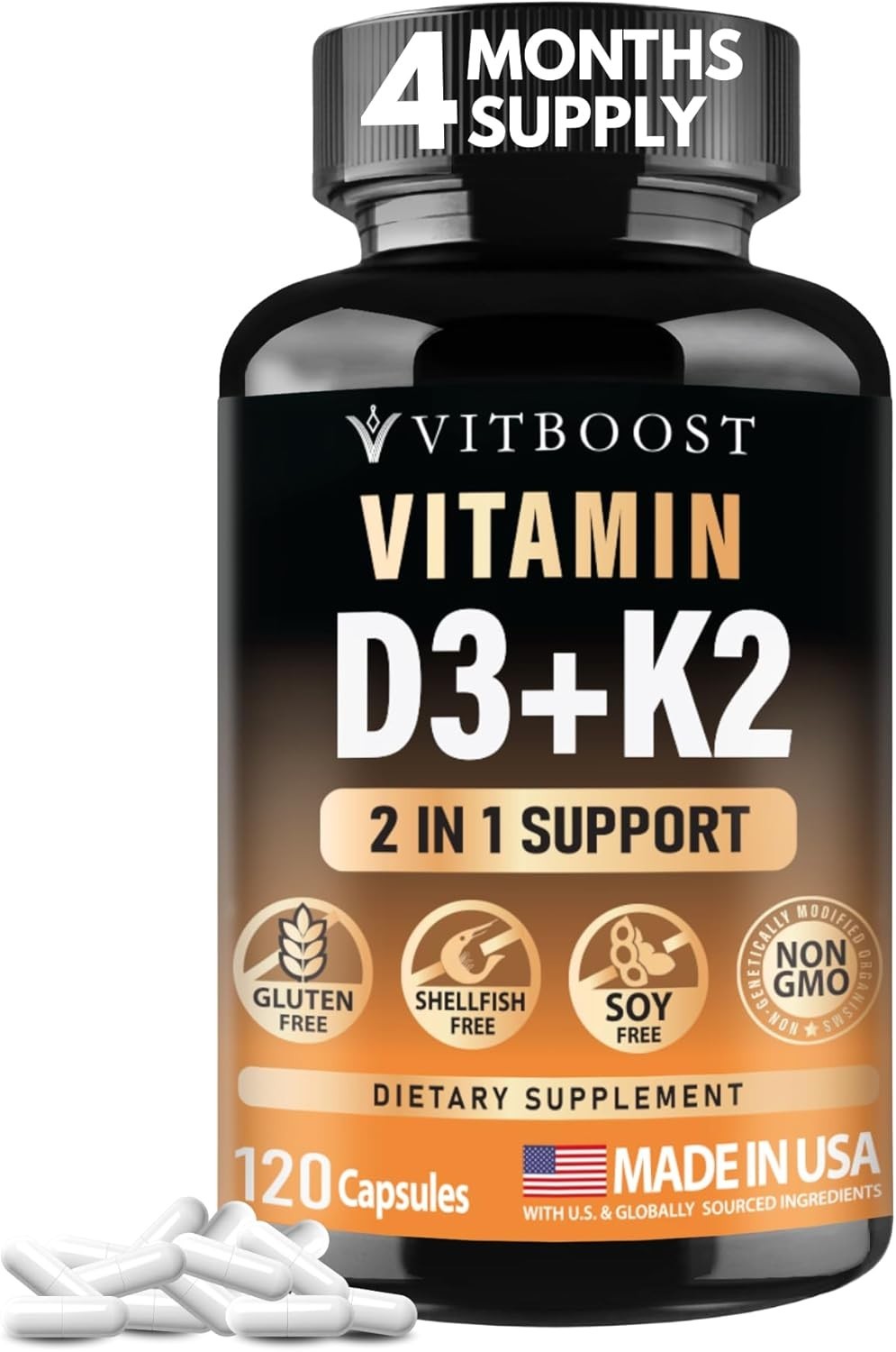 VITBOOST Vitamin D3 K2 Complex – Easy to Swallow | Gluten-Free | USA Made 120CAP