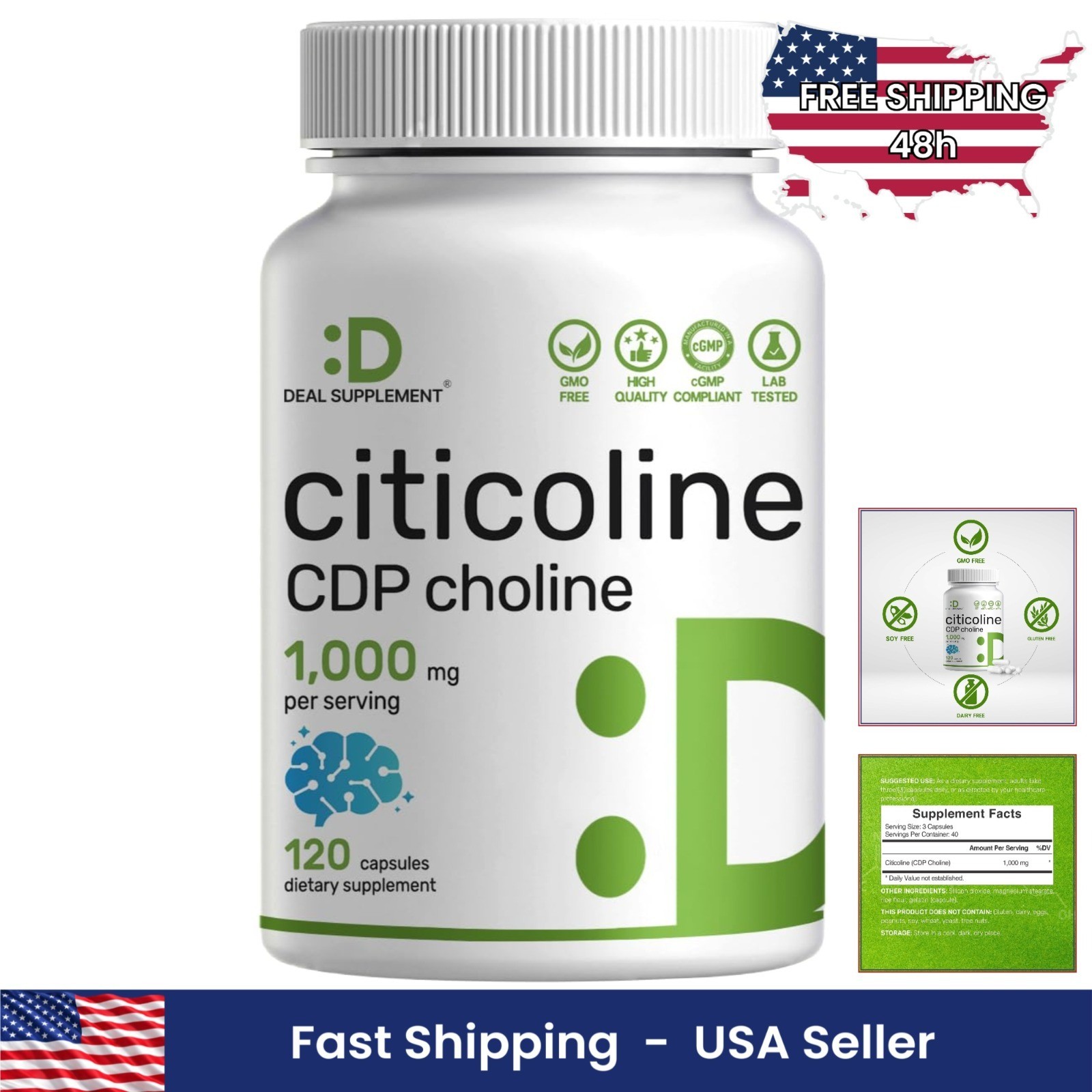 Citicoline CDP Choline 1000mg 120 Capsules Nootropic Brain Health Memory Focus