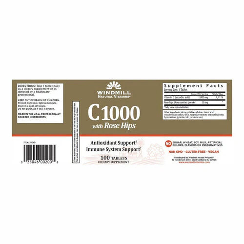 Vitamin C with Rose Hips 1000mg 100 Tabs By Windmill Health