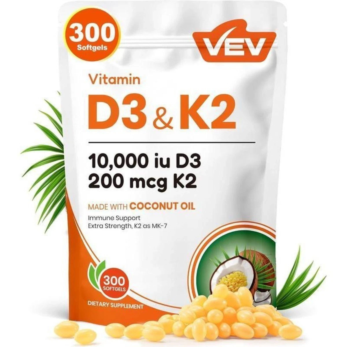 VEV Vitamin D3 10,000 IU & K2 200 mcg Softgels with Coconut Oil – 300 Count