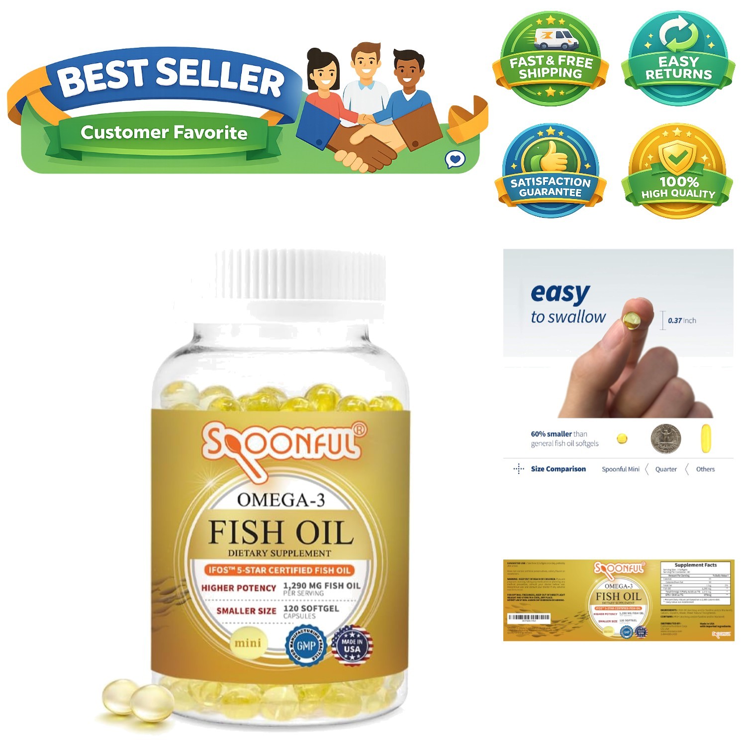 Mini Omega 3 Fish Oil, iFOS Certified, 1290 mg Per Serving, 120 Softgels Pear…