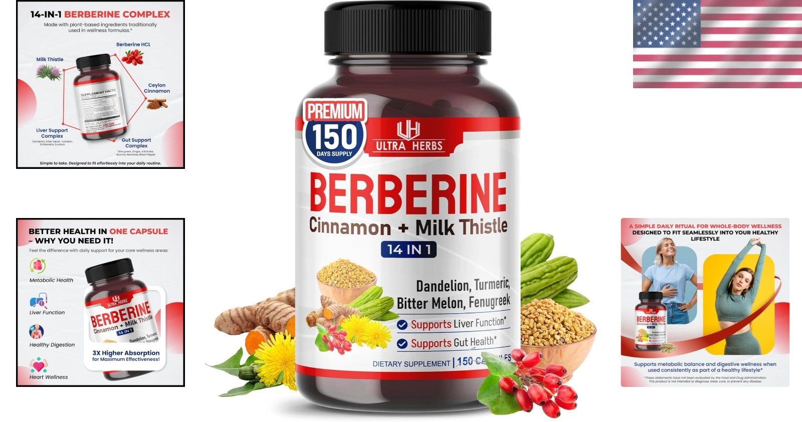150 Capsules of Natural Berberine with Cinnamon – Supports Liver & Gut Health