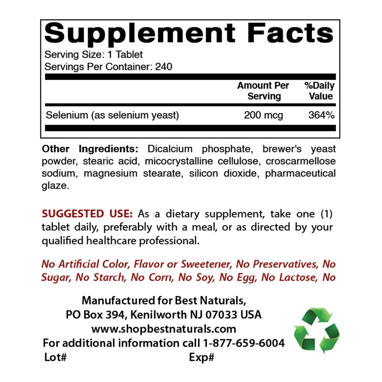 3 Pack Best Naturals Selenium 200 mcg 240 Tablets