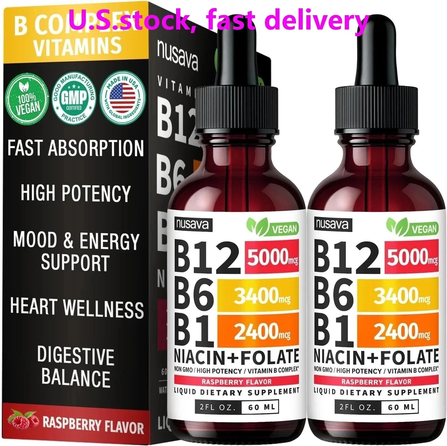 (2-Pack) Nusava B12 Drops 5000mcg – Vegan Liquid Supplement – Raspberry..