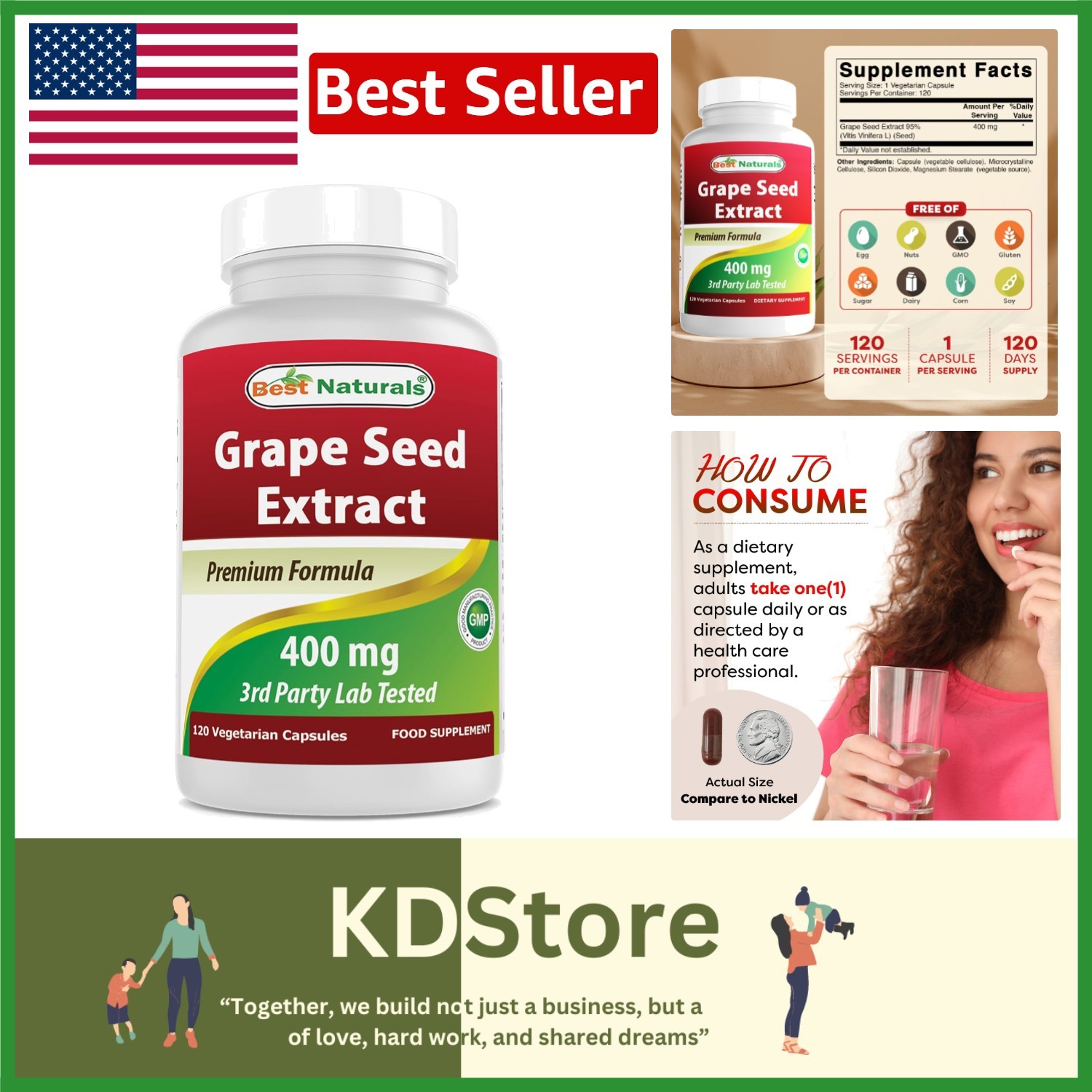 Grape Seed Extract 400mg Veggie Capsules, Non-GMO, Gluten-Free, 120 Count
