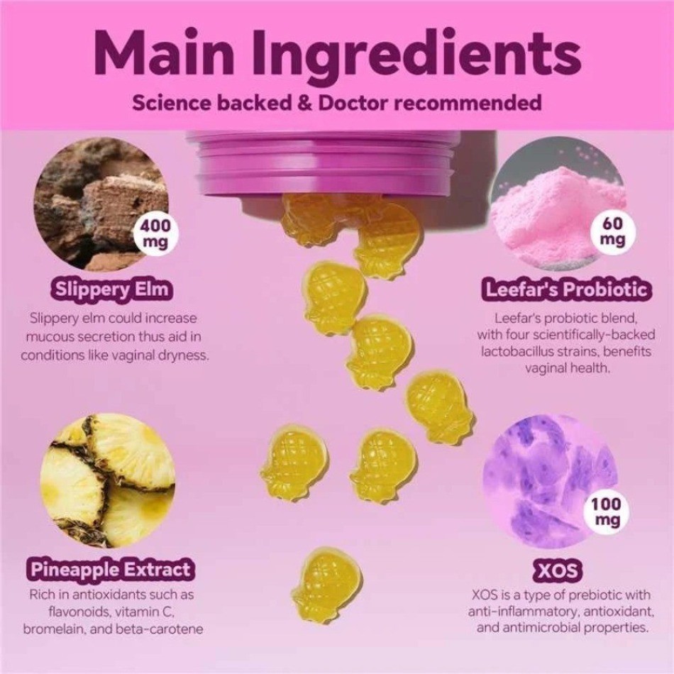 Women’s Probiotic with Slippery Elm Gummies Pineapple Flavor Supplement-1-3 Pack