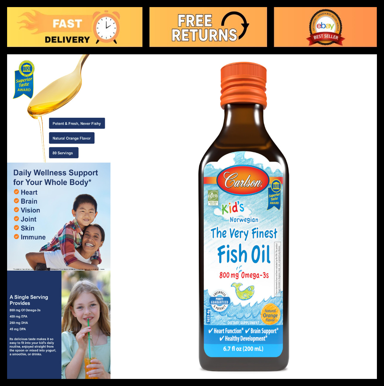 Kid’s Omega-3 Fish Oil 800mg, Norwegian, Sustainably Sourced, Orange Flavor, 200