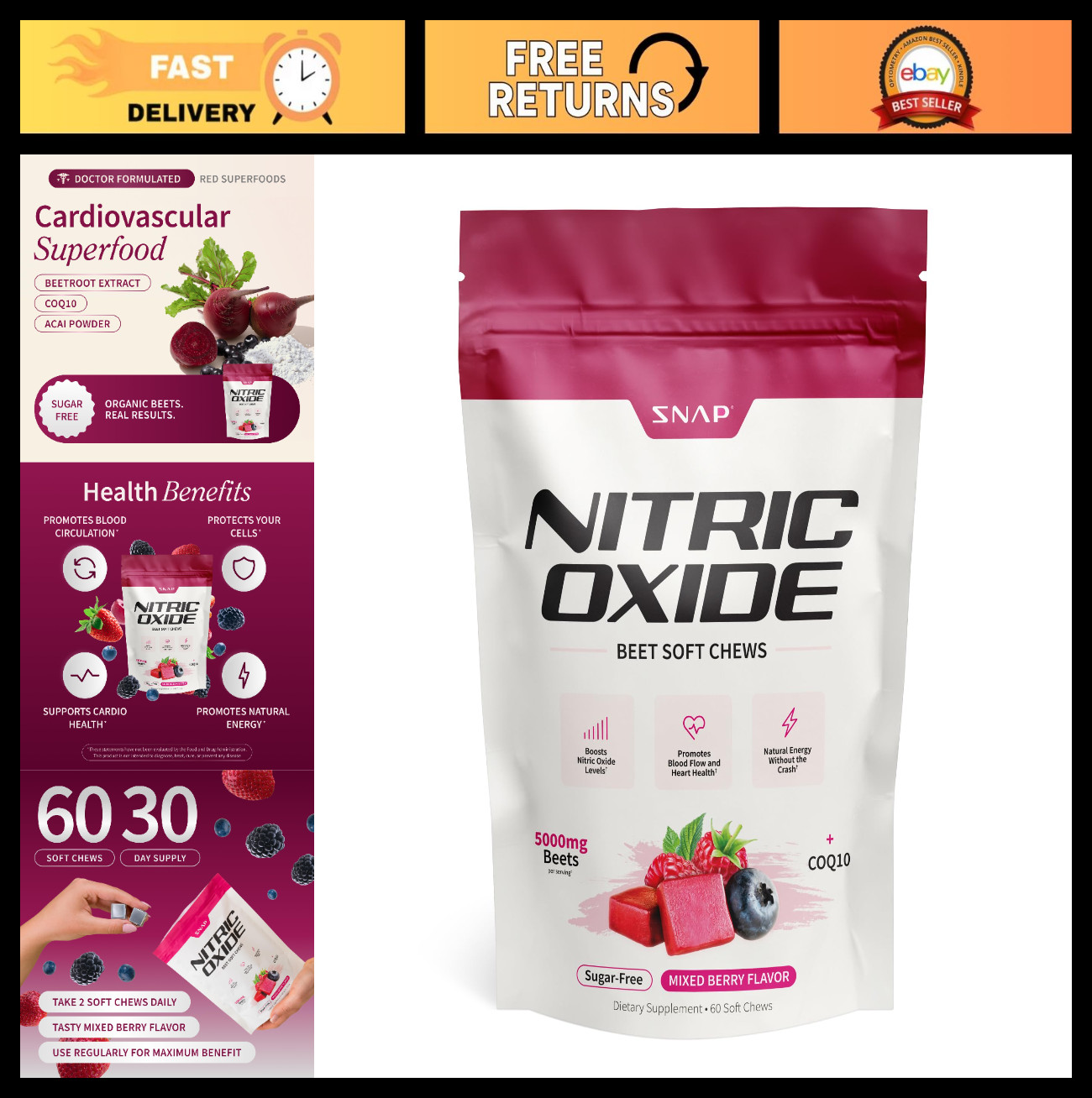 Beet Root Nitric Oxide Supplements for Energy & Heart Health – 60 Soft Chews