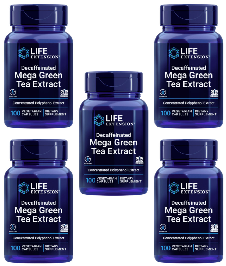 5 PACK Life Extension Decaffeinated Mega Green Tea Extract 100 Veg Capsules