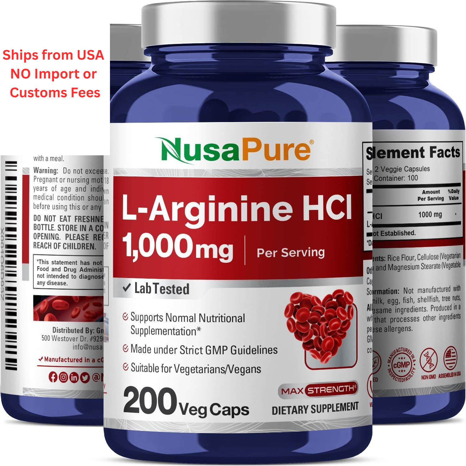 NusaPure L-Arginine 1000 mg 200 Veggie Capsules 200 Count (Pack of 1)