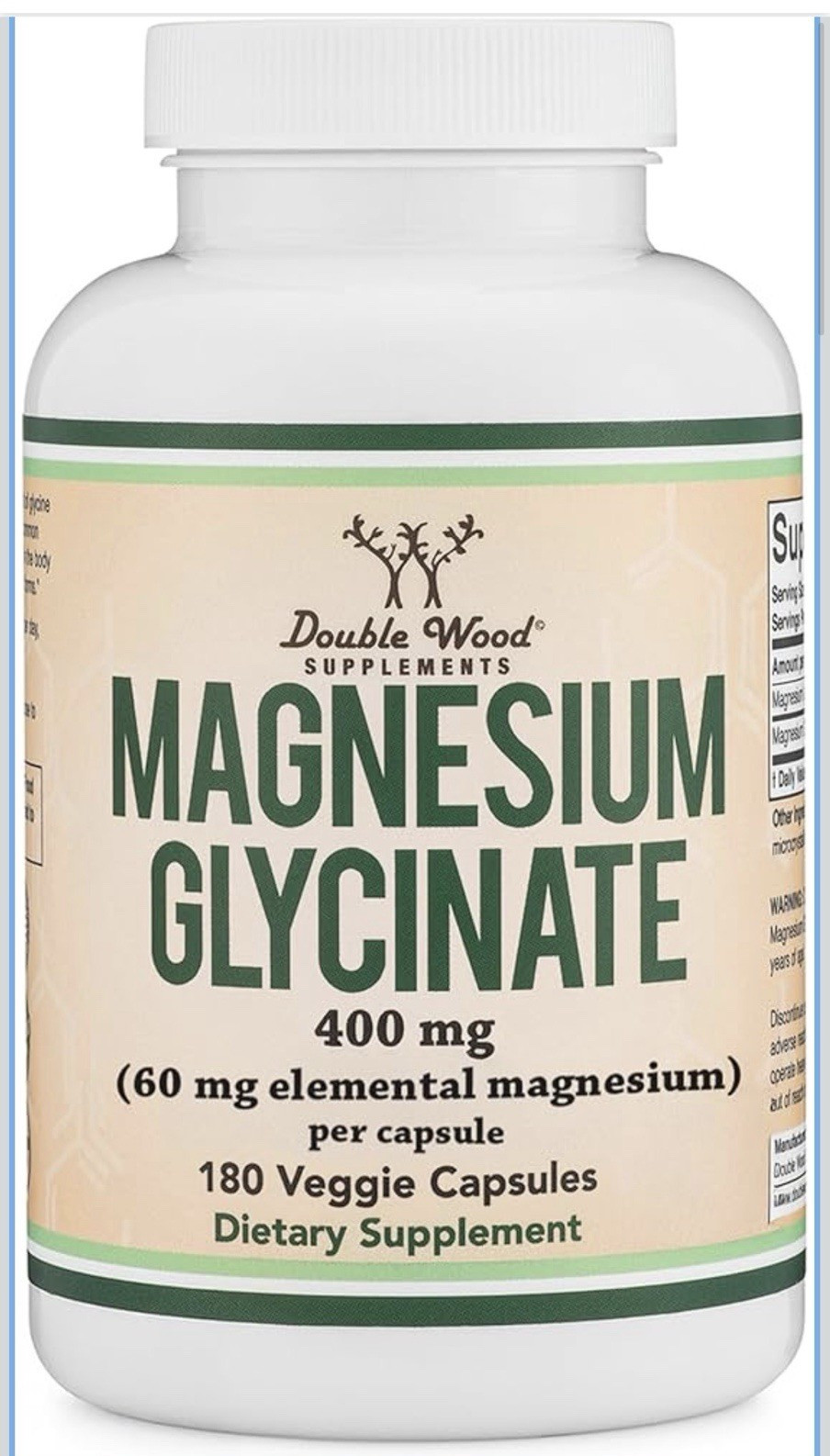 Double Wood Supplements Magnesium Glycinate 400mg 180 Veggie Capsules NSF GMP