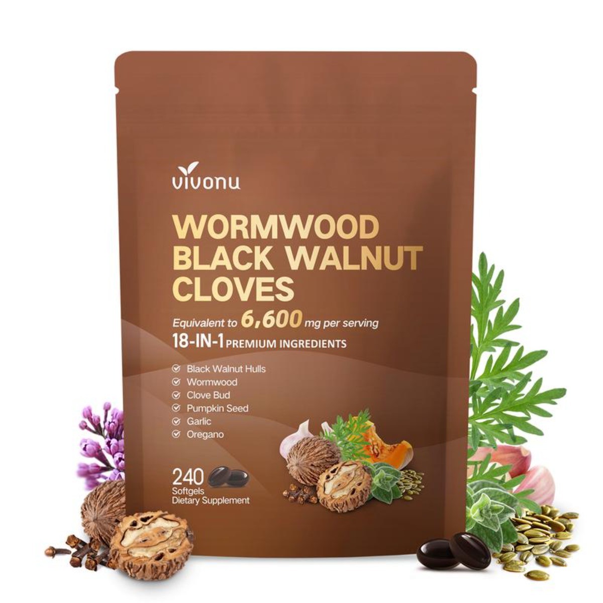 Vivonu 18-in-1 Wormwood Black Walnut Clove Gut Detox Softgels 240 Count