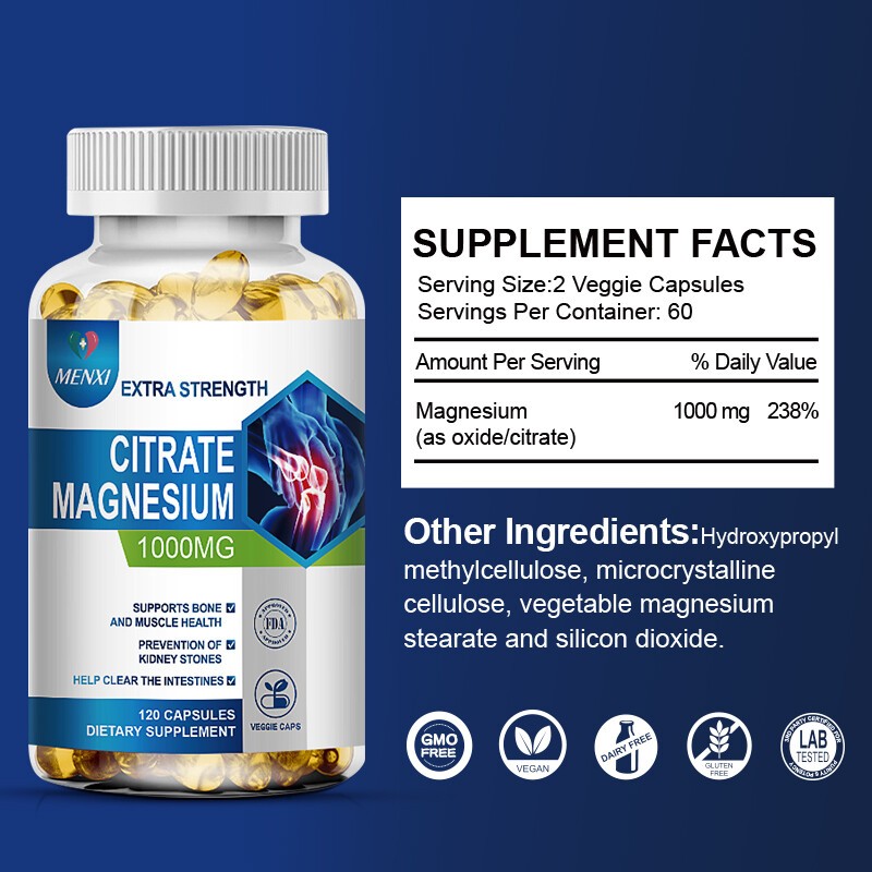 Magnesium Citrate Capsules 1000mg Per Serving – Highest Potency Capsules 120Caps