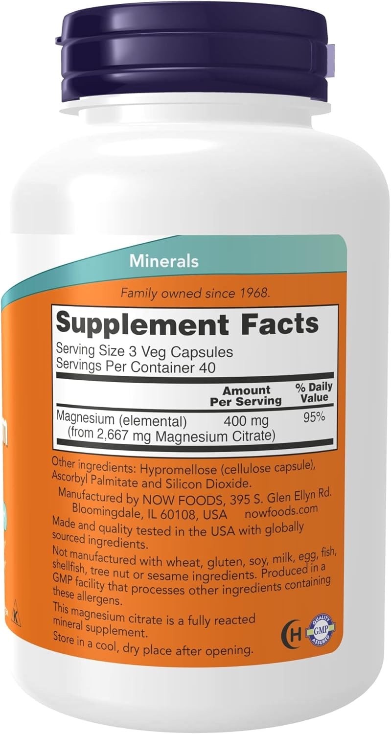 NOW Supplements Magnesium Citrate Nervous System Support 400 mg 120 Veg Capsules