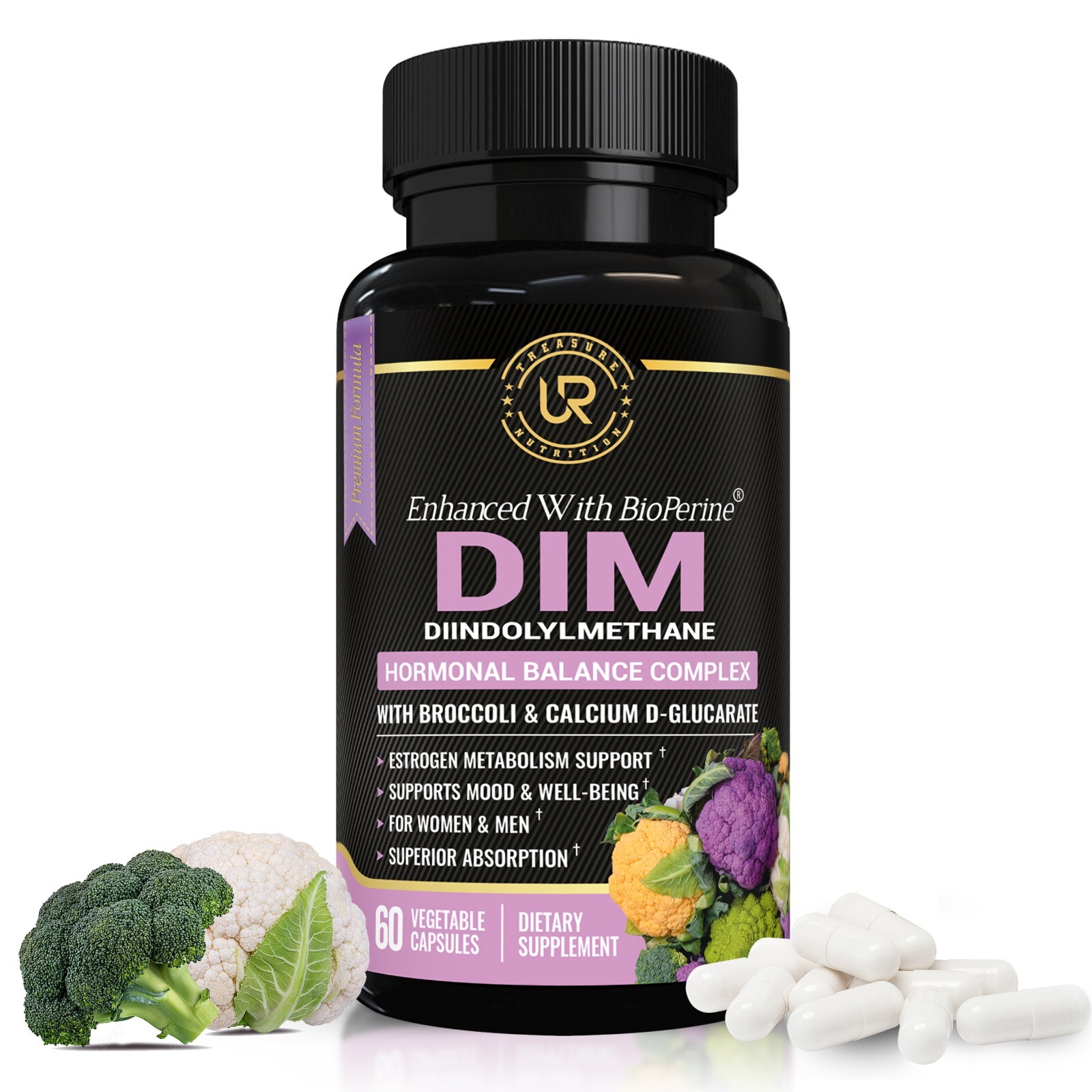 DIM Supplement with Broccoli Extract and BioPerine, Natural Hormone Balance 60ct