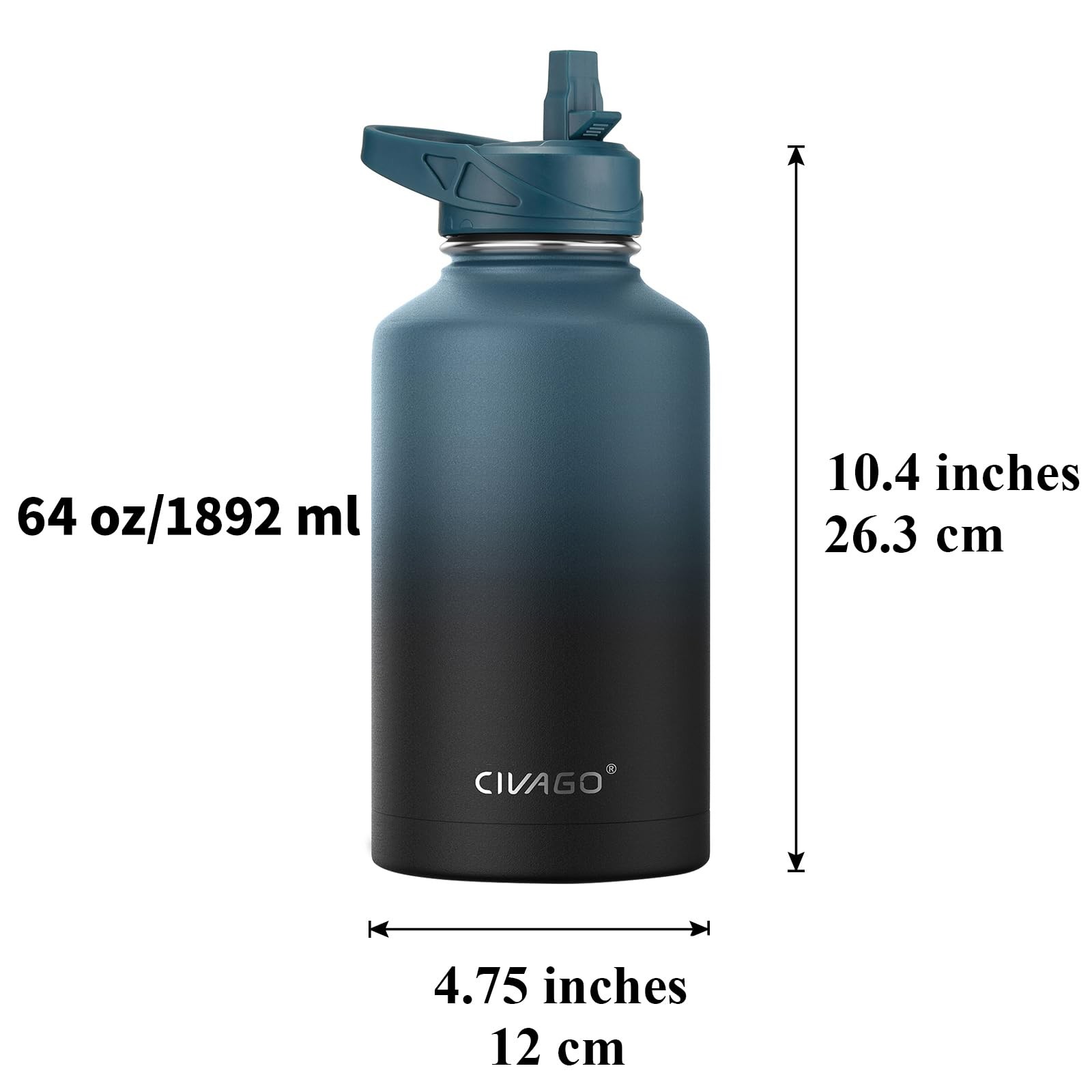 CIVAGO 64 oz Insulated Water Bottle With Straw, Half Gallon 64 Ounces, Black