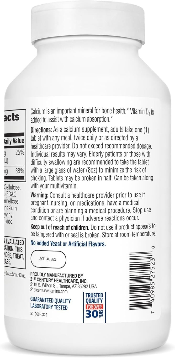 500 mg Calcium with Vitamin D3 – 400 Gluten-Free Tablets for Bone Strength