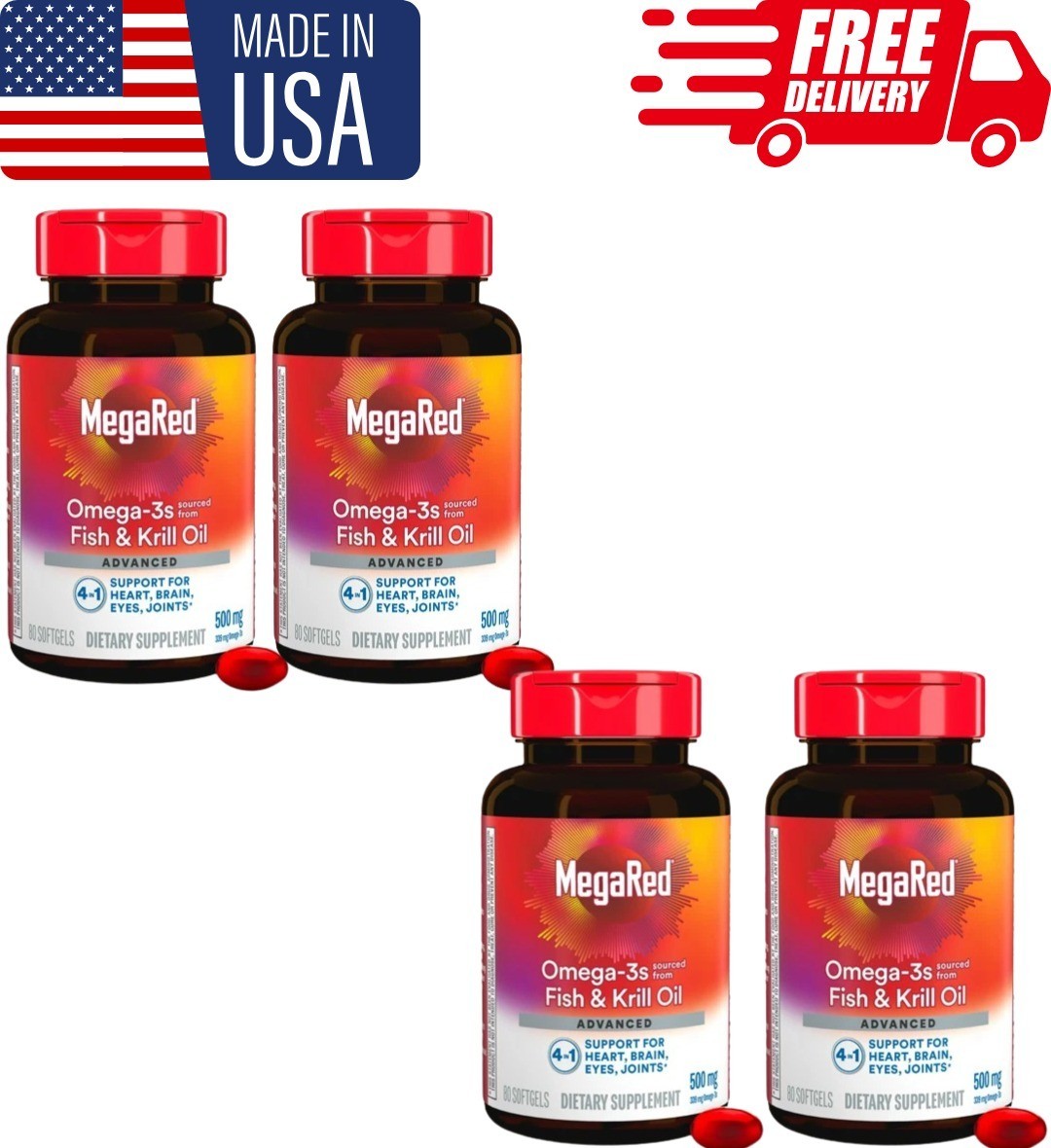 4 Pack MegaRed Advanced 4-in-1 Omega-3 500mg 80 Softgels Heart & Joint Support