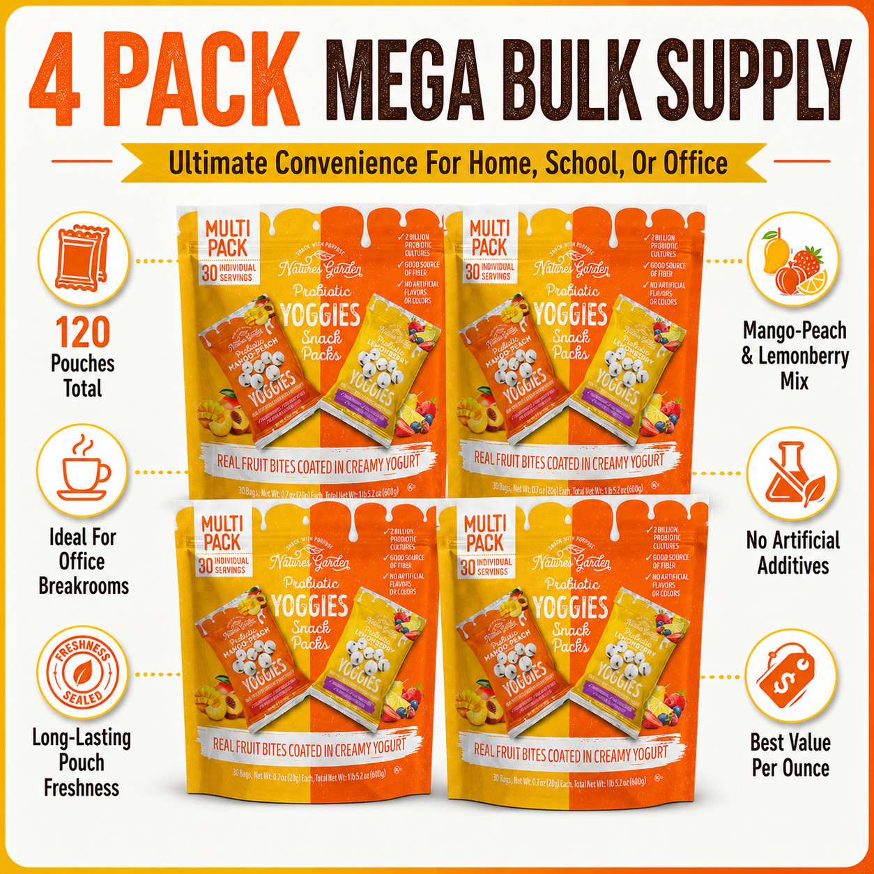 4 Pack Nature’s Garden, Probiotic Yoggies Variety, 0.7 oz, 30-count