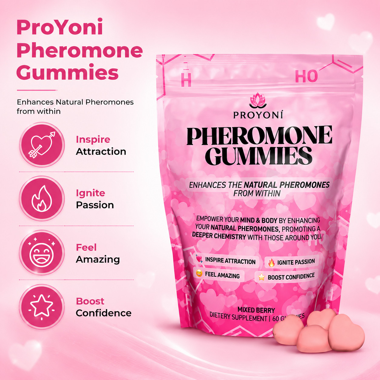 ProYoni Pheromone Gummies Natural Herbal Blend Boost Confidence Attraction Berry