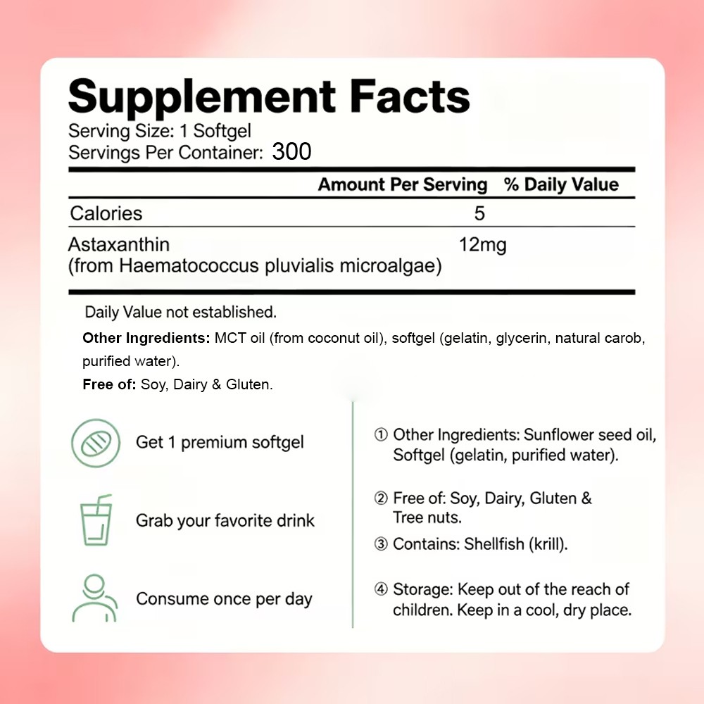 12mg Triple Strength Astaxanthin 180 Softgels, Microalgae Antioxidant Supplement