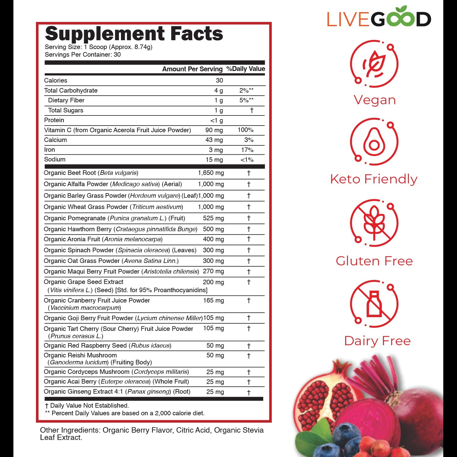 LIVE GOOD Organic Super Reds Gluten Free Keto Friendly Soy Free – 100% Vegan
