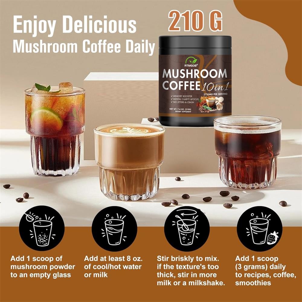 1-3x Organic Instant Coffee Powder Mushroom Coffee 210G Brain Memory Focus Boost