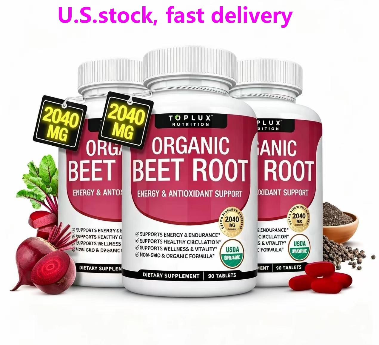 Toplux Organic Beet Root 2040mg 90 Tablets 1/2/3 Pack Energy Circulation Support