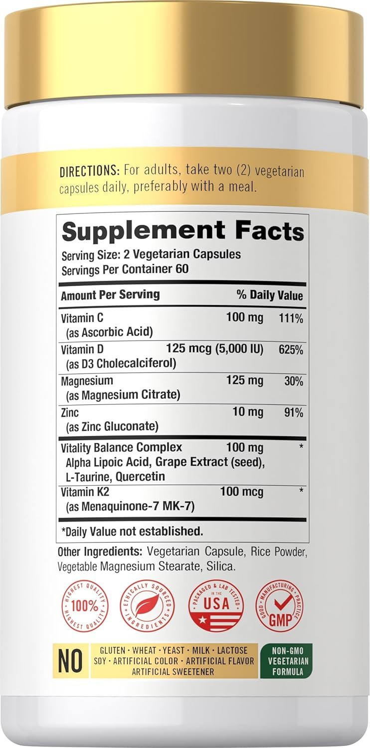 Carlyle Vitamin D3 5000IU + K2 MK7 100mcg with Zinc & Magnesium 120 Veg Capsules