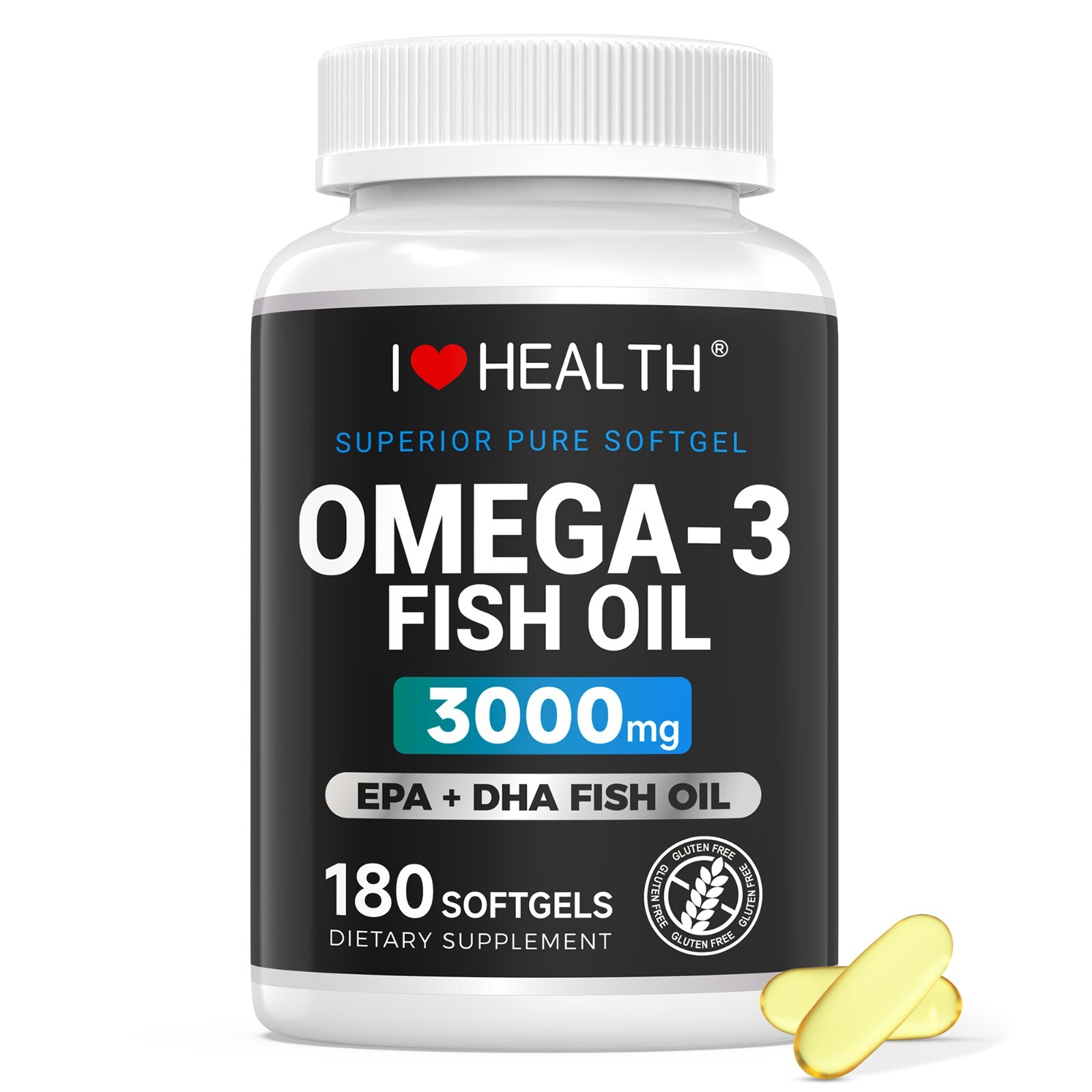 Fish Oil Omega-3 3000mg |180 Softgels | Burpless Unflavor | Non-GMO, Gluten Free