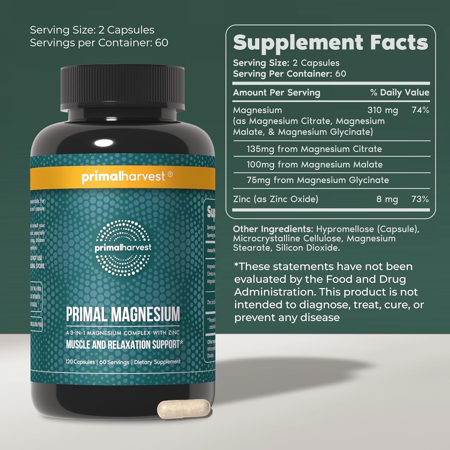 Primal Harvest Magnesium Complex 310mg 120 Capsules with Zinc 3 Types