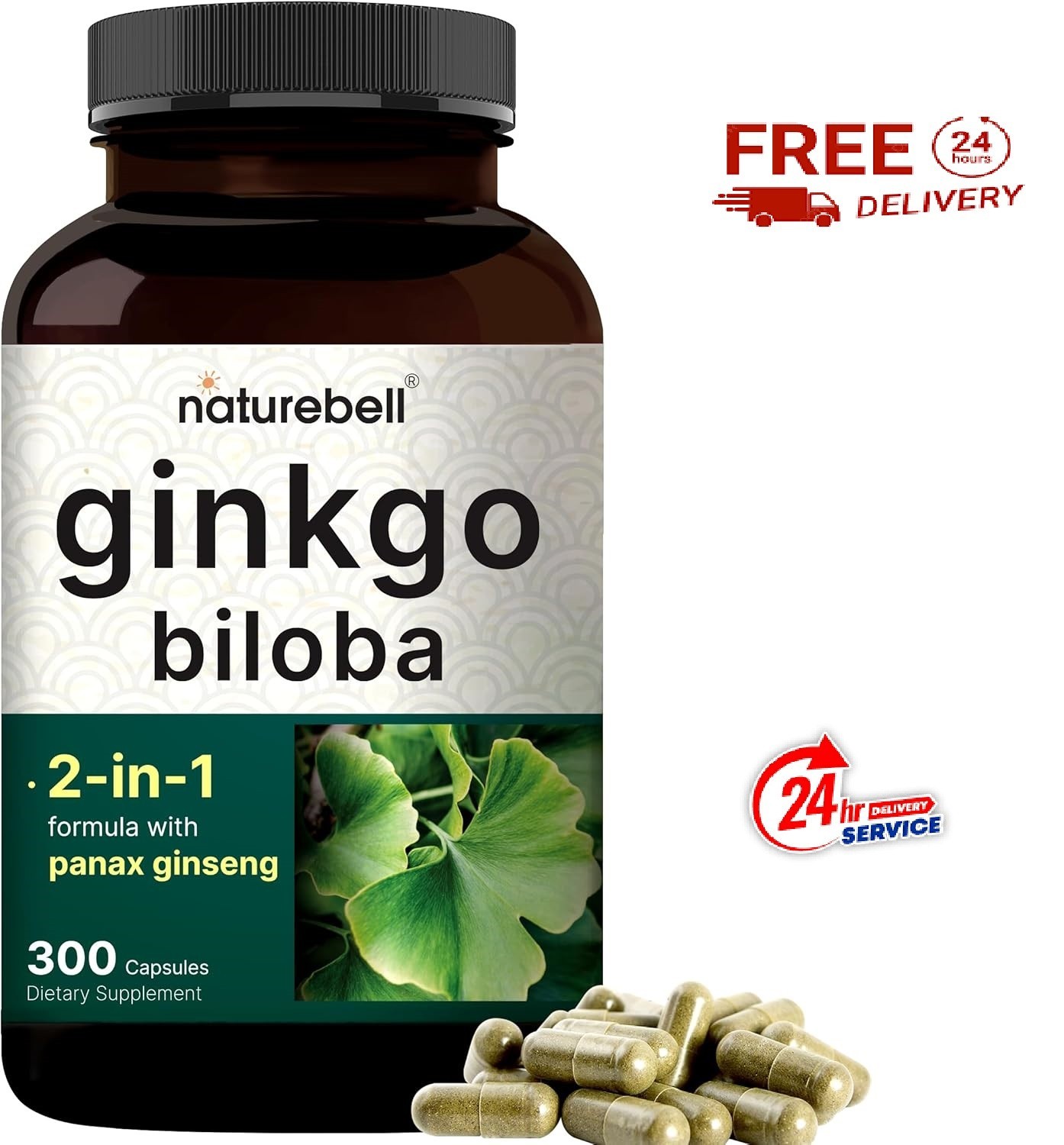 300 Caps Ginkgo Biloba 6000mg w/Red Panax Ginseng for Memory Focus Brain Health