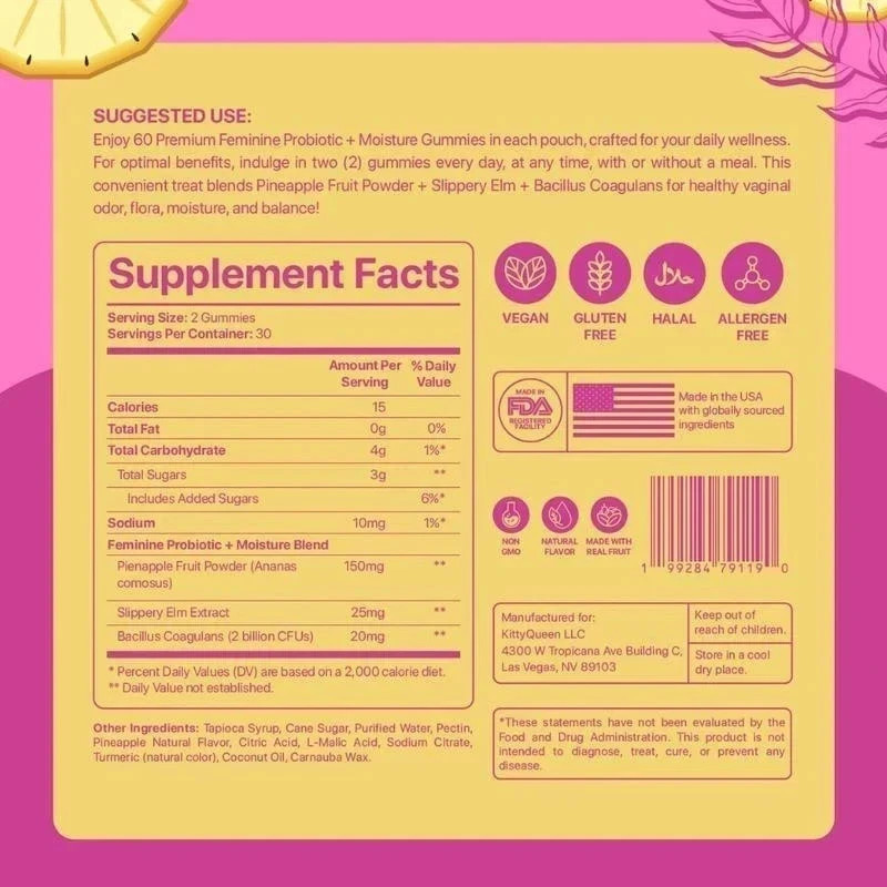 Kitty Queen Slippery Kitty – Feminine Probiotic + Moisture Gummies