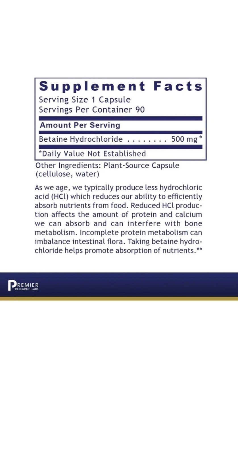 Premier Research Labs Premier HCL – Betaine HCL, Betaine Hydrochloride