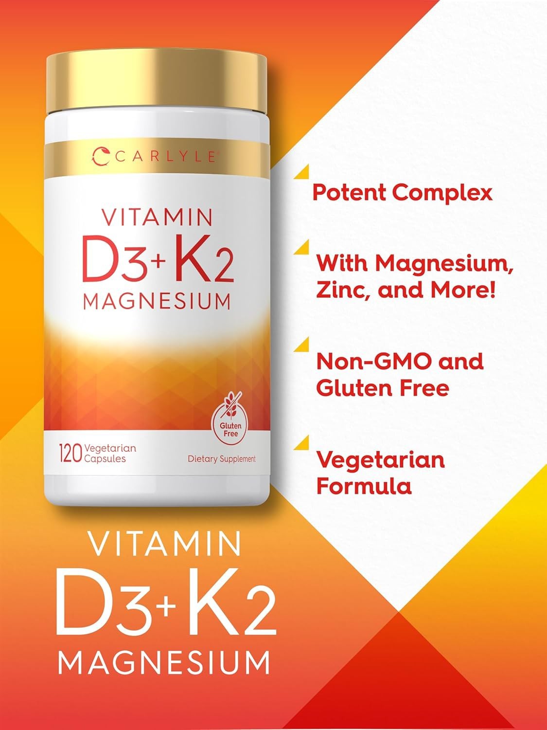 Carlyle Vitamin D3 5000IU + K2 MK7 100mcg with Zinc & Magnesium 120 Veg Capsules