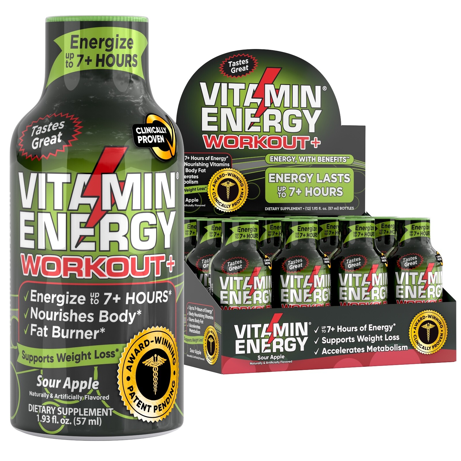(12 Pack) Vitamin Energy® Workout+ Sour Apple Energy Shots, Clinically Proven
