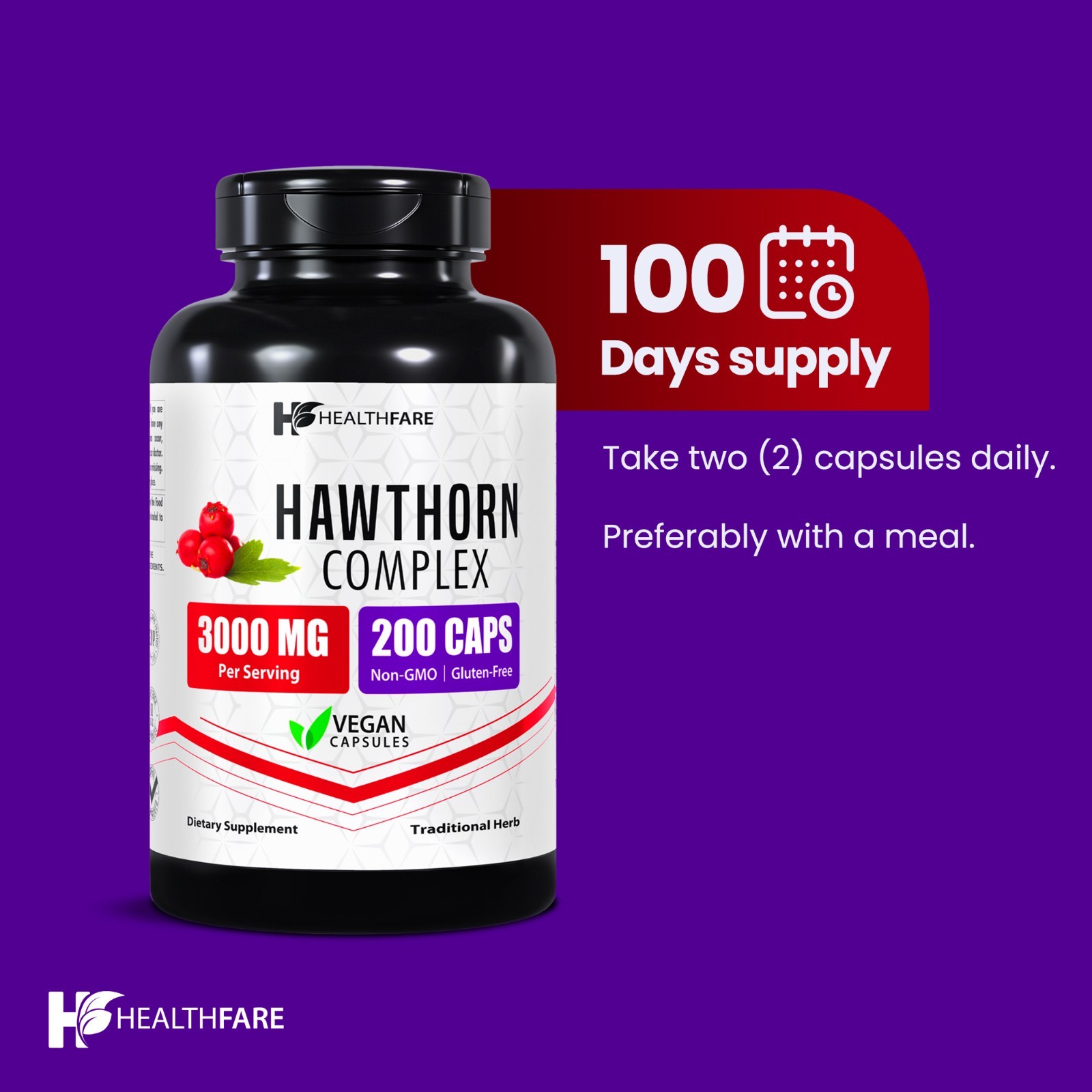 Healthfare Hawthorn Supplement, 3000mg | 200 Veg Capsules | Traditional Herbal