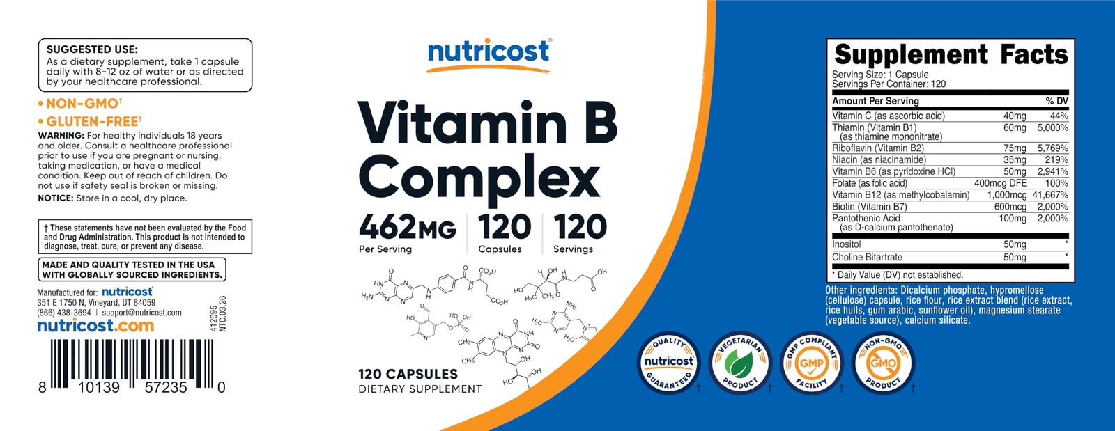 Nutricost High Potency Vitamin B Complex 462mg, 120 Count (Pack of 1), Red