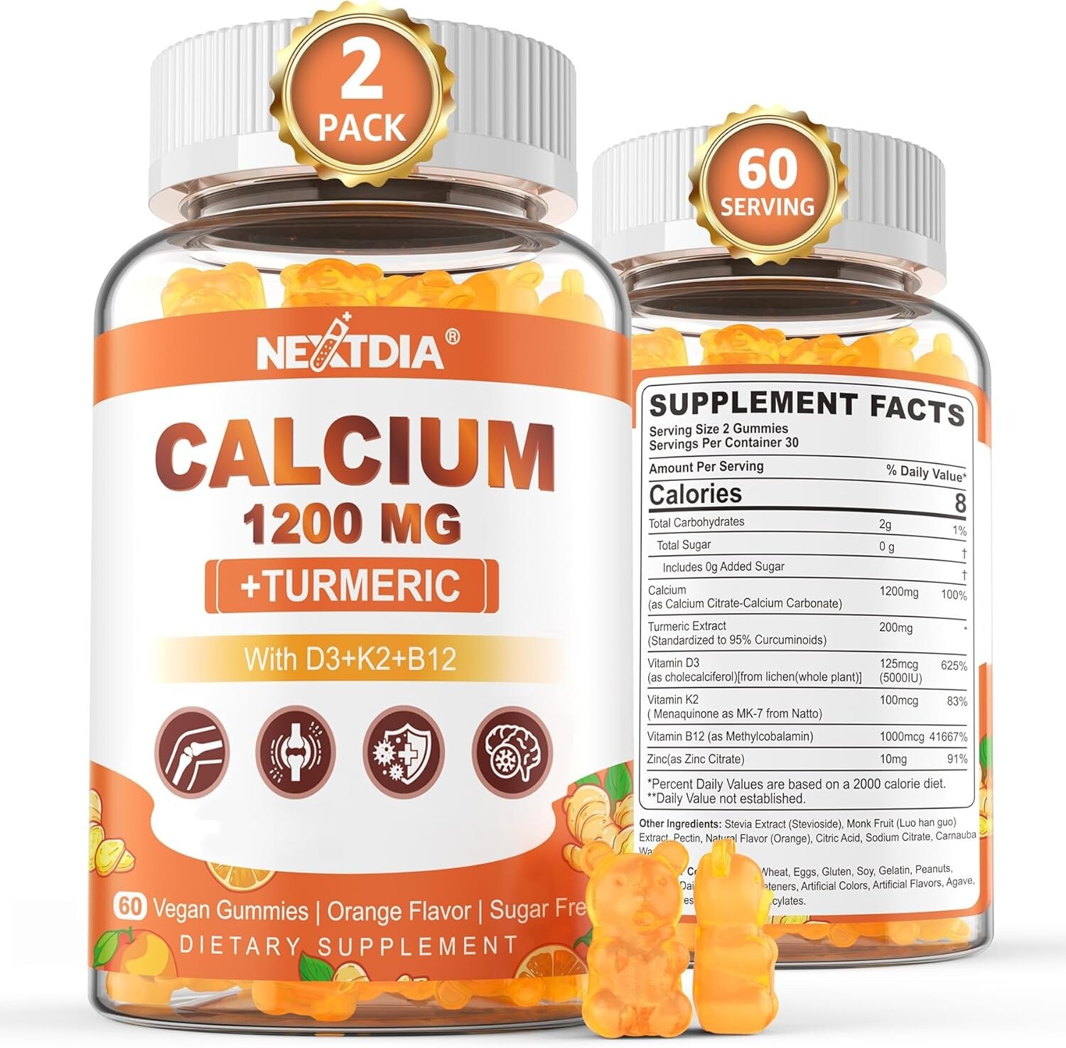 Nextdia Turmeric Calcium Gummies for Women & Men – Sugar-Free Calcium 1200mg …