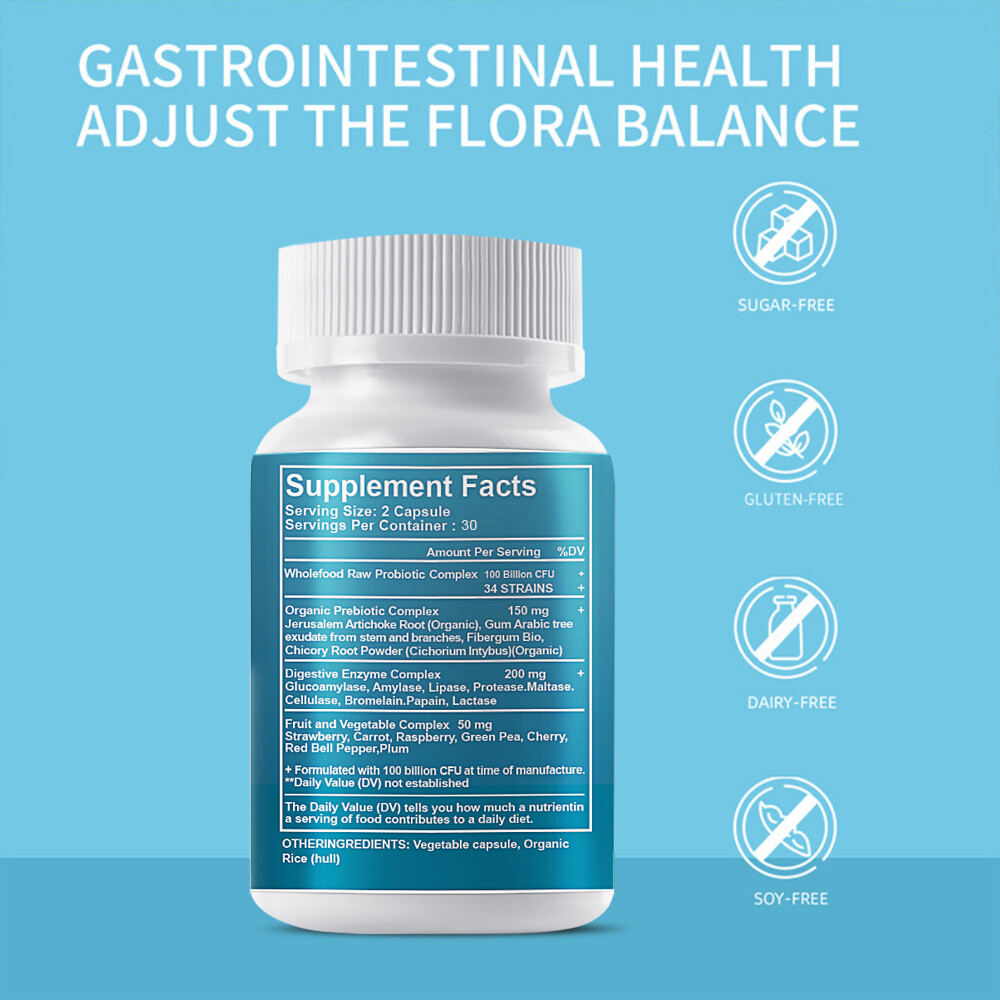 Gut Health Supplements – Raw Probiotics Digestive Enzymes, Bloating Relief 60ct